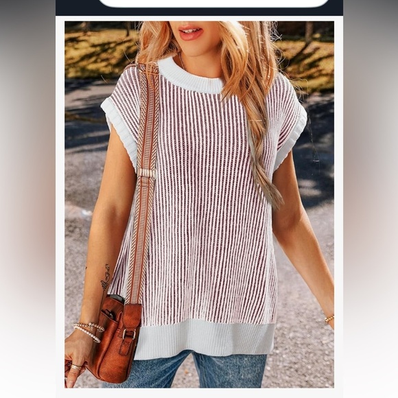 NEW Burgundy and white striped sweater tank top Medium - Picture 3 of 7